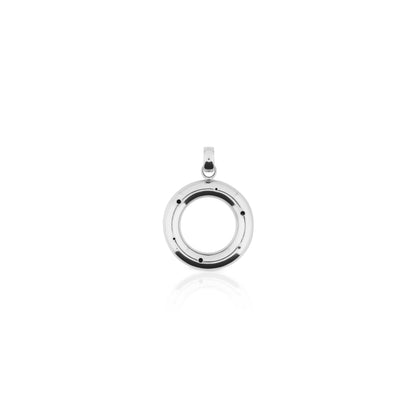 Silver medium circular pendant with a hollow center and subtle perforations, designed with a polished finish and a refined hoop attachment.