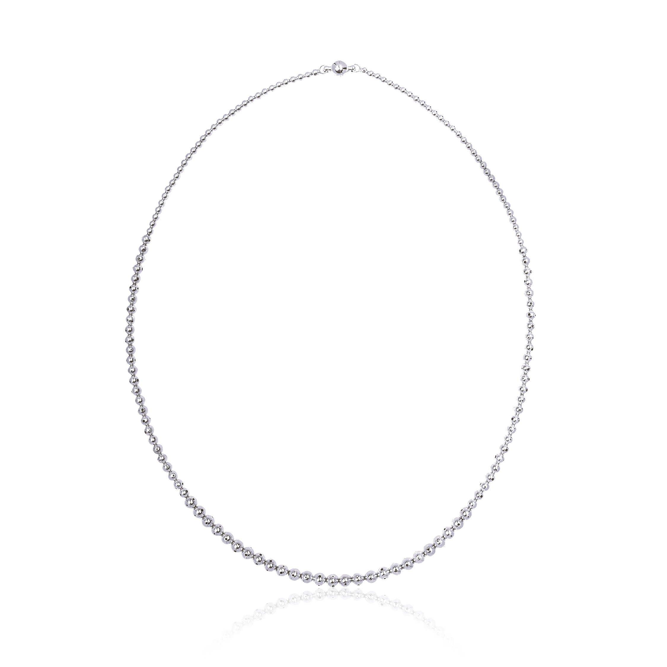 A long silver beaded necklace twisted three times with a graduated design, featuring varying sphere sizes. Can be worn twisted in three different ways  for a layered look or untwisted for a sleek, minimal style.